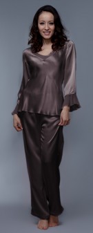 braun grau Seiden Pyjama Damen - braun grau