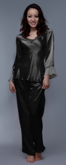 schwarz Seiden Pyjama Damen - schwarz